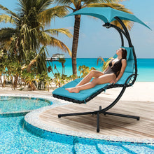 Load image into Gallery viewer, Hanging Curved Steel Swing Chaise Lounger with Removable Canopy and Overhead Light-Turquoise
