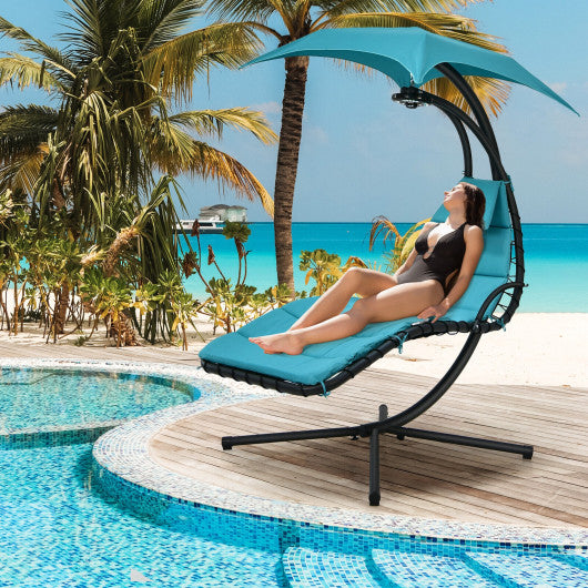 Hanging Curved Steel Swing Chaise Lounger with Removable Canopy and Overhead Light-Turquoise