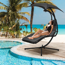Load image into Gallery viewer, Hanging Curved Steel Swing Chaise Lounger with Removable Canopy and Overhead Light-Gray
