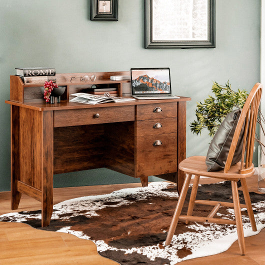 Vintage Computer Desk with Storage Shelves and 4 Drawers-Rustic Brown