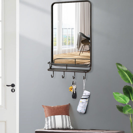 Wall Bathroom Mirror with Shelf Hooks Sturdy Metal Frame for Bedroom Living Room