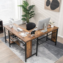 Load image into Gallery viewer, Industrial L-Shaped Corner Computer Desk Office Workstation with Storage Shelves-Rustic Brown
