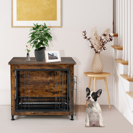 Wooden Dog Crate Furniture with Tray and Double Door-Brown