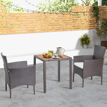 Load image into Gallery viewer, 3 Pieces Patio Wicker Furniture Set wih Acacia Wood Table Top and Chair Cushiones
