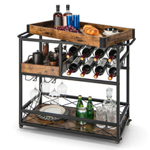 Load image into Gallery viewer, 3-Tier Rolling Bar Cart with Removable Tray and Wine Rack-Rustic Brown
