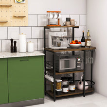 Load image into Gallery viewer, 4-Tier Kitchen Bakers Rack with 6 S-Hooks and Stemware Racks-Rustic Brown
