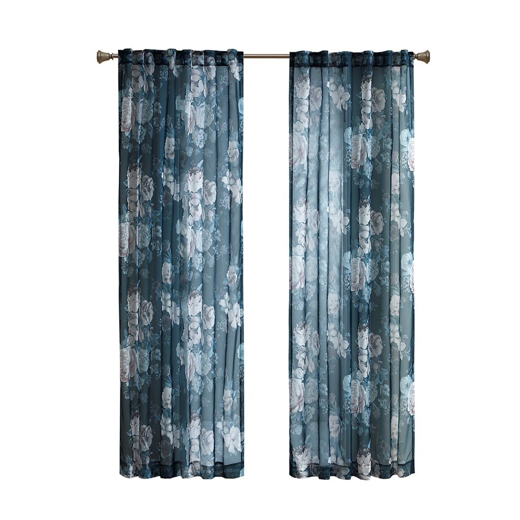 Madison Park Simone 100% Polyester Printed Floral Rod Pocket And Back Tab Voile Sheer- Navy MP40-6623 By Olliix