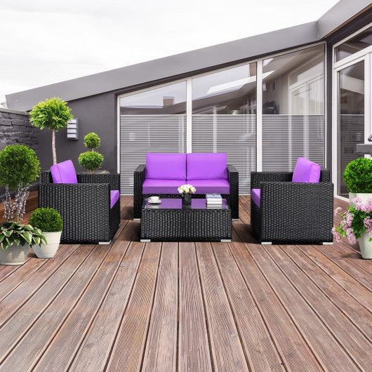 4PC Rattan Patio Furniture Set Outdoor Wicker With Blue Cushion-Purple
