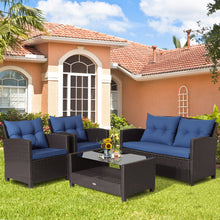 Load image into Gallery viewer, 4 Pieces Patio Rattan Furniture Set with Tempered Glass Coffee Table-Navy
