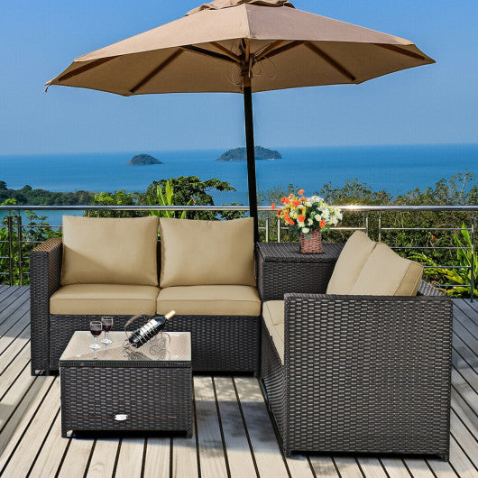 4 Pcs Outdoor Patio Rattan Furniture Set with Cushioned Loveseat and Storage Box-Brown