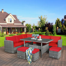 Load image into Gallery viewer, 7 Pieces Patio Rattan Dining Furniture Sectional Sofa Set with Wicker Ottoman-Red
