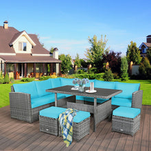 Load image into Gallery viewer, 7 Pieces Patio Rattan Dining Furniture Sectional Sofa Set with Wicker Ottoman-Turquoise
