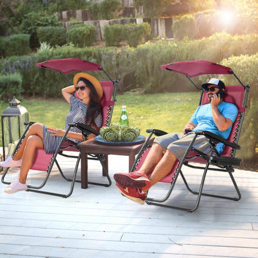 Folding Recliner Lounge Chair with Shade Canopy Cup Holder-Wine
