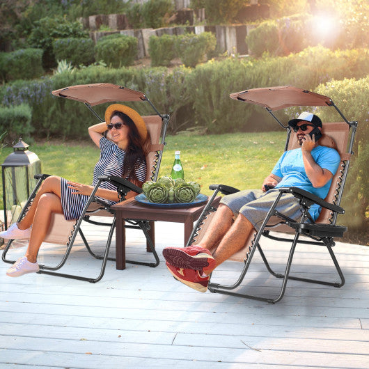 Folding Recliner Lounge Chair with Shade Canopy Cup Holder-Coffee