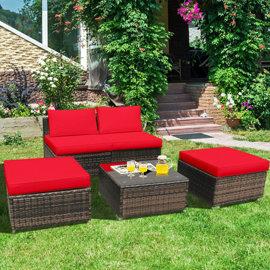 5Pcs Patio Rattan Wicker Furniture Set Armless Sofa Ottoman Cushioned-Red