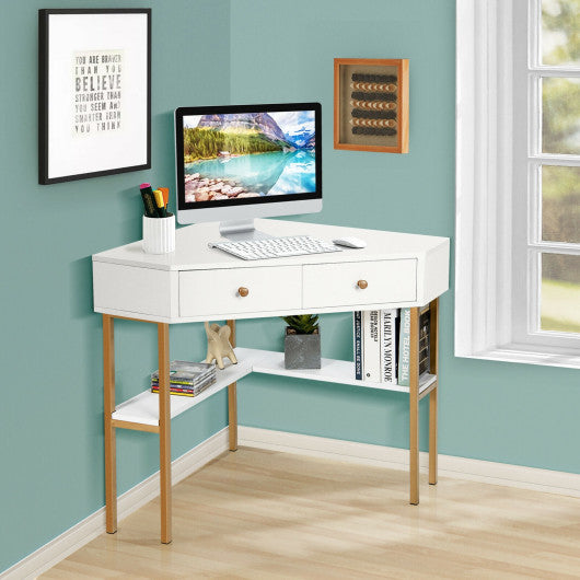 Space Saving Corner Computer Desk with 2 Large Drawers and Storage Shelf-White