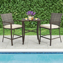 Load image into Gallery viewer, 3 Pieces Rattan Bar Furniture Set with Slat Table and 2 Cushioned Stools-Brown
