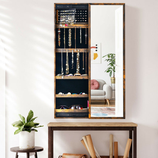 Wall Mounted Jewelry Full-Length Mirror Slide Cabinet Armoire-Rustic Brown