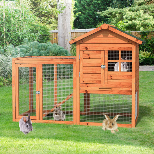 2-Story Wooden Rabbit Hutch with Running Area-Natural
