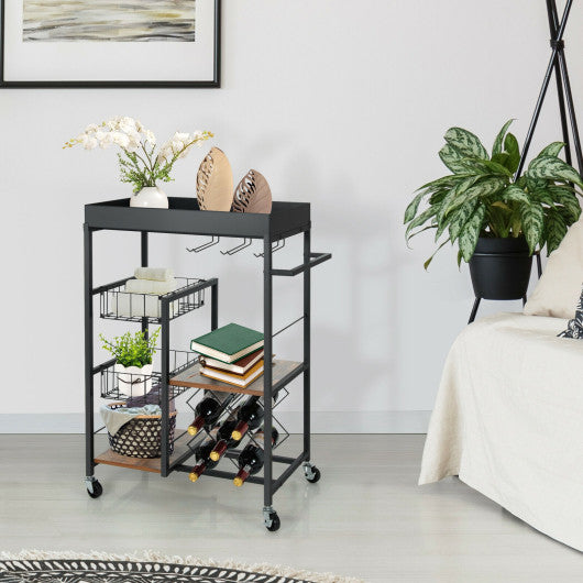 4-Tier Kitchen Bar Cart with Wine Rack-Rustic Brown