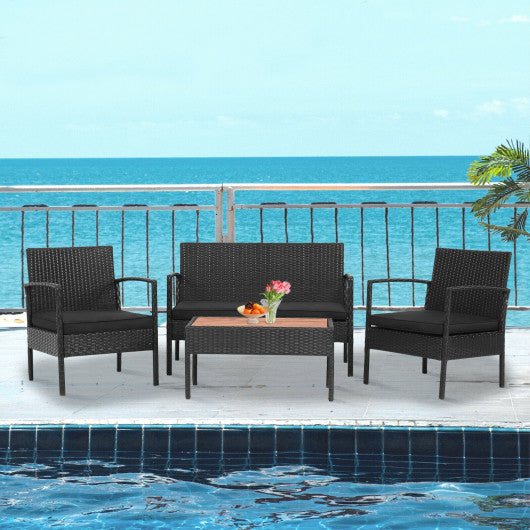 4 Pieces Patio Rattan Furniture Set with Cushioned Chair and Wooden Tabletop
