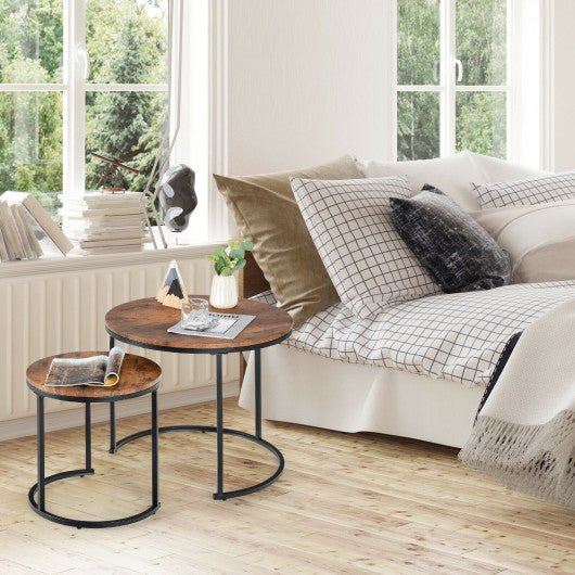 Set of 2 Modern Round Nesting Coffee Table for Balcony and Living Room-Rustic Brown