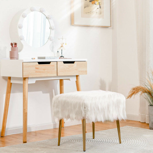 Faux Fur Vanity Stool Square Furry Ottoman with Golden Metal Legs-White