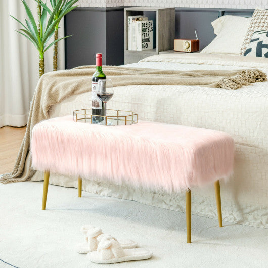 Modern Faux Fur Ottoman Bench with Golden Legs-Pink