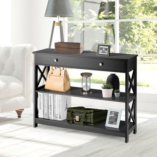 Console Table 3-Tier with Drawer and Storage Shelves-Black