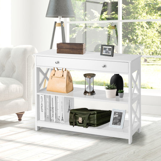Console Table 3-Tier with Drawer and Storage Shelves-White