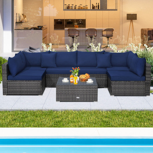 7 Pieces Patio Rattan Furniture Set Sectional Sofa Garden Cushion-Navy