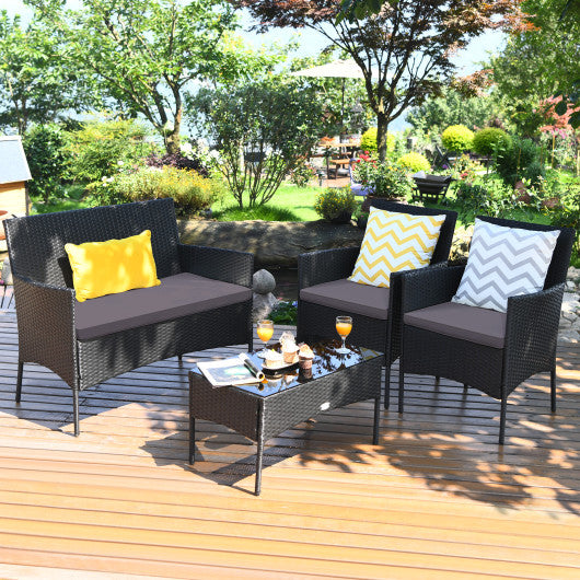4 Pieces Patio Rattan Cushioned Sofa Set with Tempered Glass Coffee Table-Gray & Off White