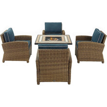 Load image into Gallery viewer, Bradenton 5Pc Outdoor Wicker Conversation Set W/Fire Table Navy/Weathered Brown - Tucson Fire Table &amp; 4 Armchairs
