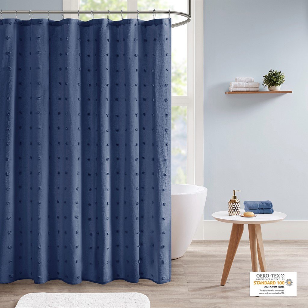 Urban Habitat Brooklyn 100% Cotton Jacquard Pom Pom Shower Curtain- Indigo Blue UH70-2312 By Olliix