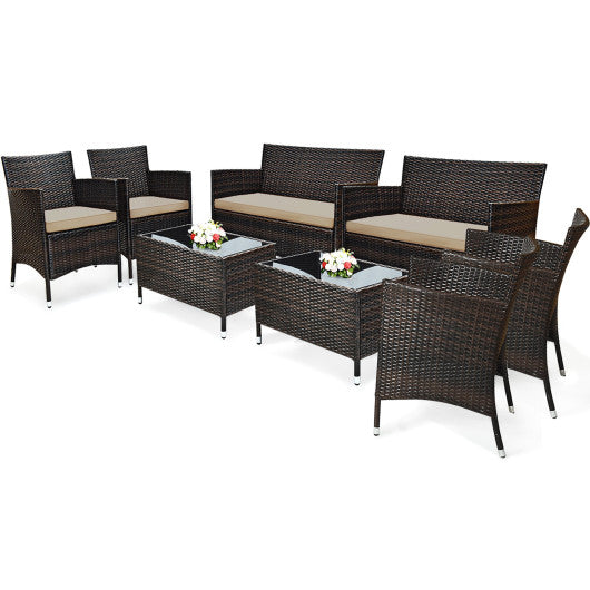 8 Pieces Patio Wicker Furniture Set with 2 Coffee Tables-Brown