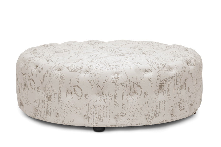 Baxton Studio Cardiff Beige Script Print Modern Tufted Ottoman