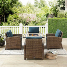 Load image into Gallery viewer, Bradenton 5Pc Outdoor Wicker Conversation Set W/Fire Table Navy/Weathered Brown - Tucson Fire Table &amp; 4 Armchairs
