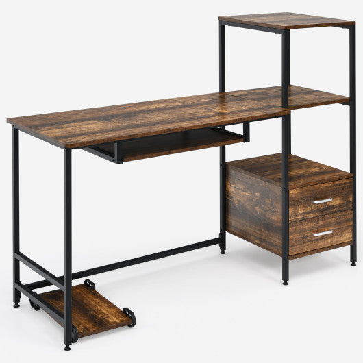 55.5 Inch Computer Desk with Movable Stand and Bookshelves-Rustic Brown