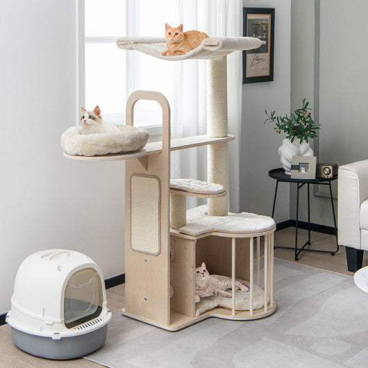 55 Inch Tall Multi-Level Cat Tree with Washable Removable Cushions-Natural