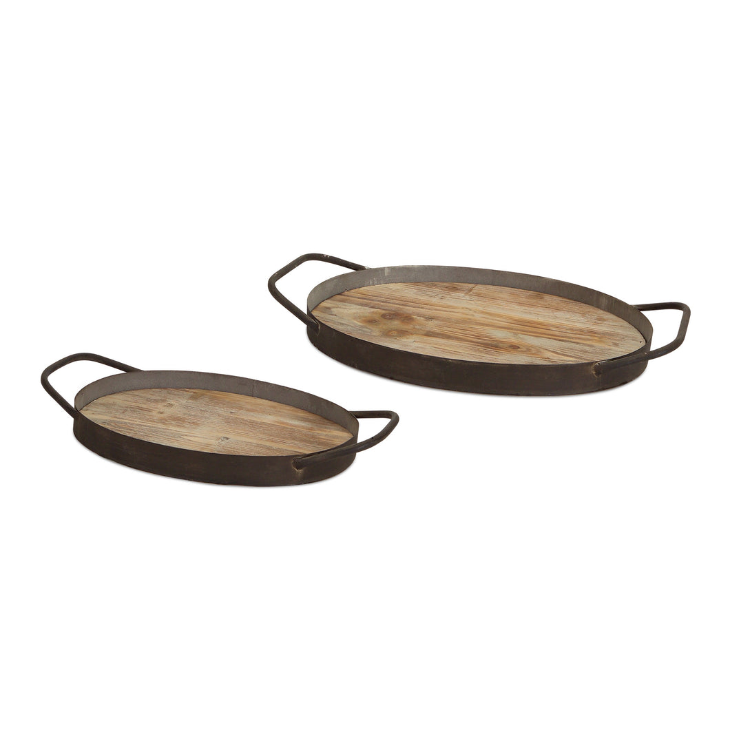 Rustic Wood Grain Tray with Industrial Metal Handles (Set of 2)
