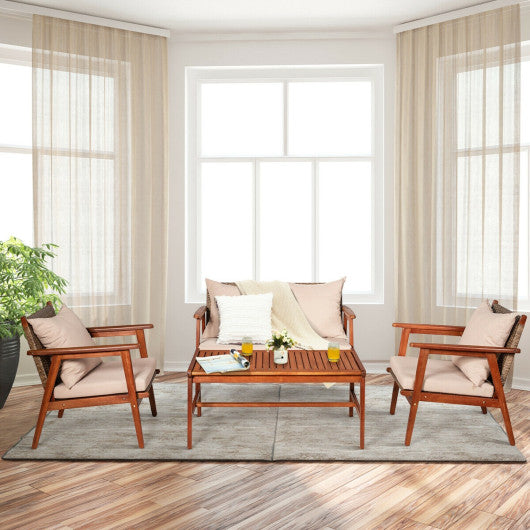 4 Piece Acacia Wood Patio Rattan Furniture Set