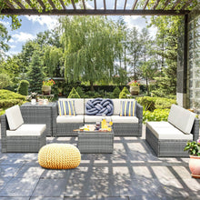 Load image into Gallery viewer, 8 Piece Wicker Sofa Rattan Dinning Set Patio Furniture with Storage Table-White
