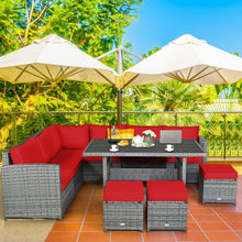 Load image into Gallery viewer, 7 Pieces Patio Rattan Dining Furniture Sectional Sofa Set with Wicker Ottoman-Red

