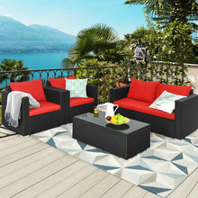 Load image into Gallery viewer, 4 Pieces Patio Rattan Conversation Set with Padded Cushion and Tempered Glass Coffee Table-Red
