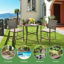 Load image into Gallery viewer, 3 Pieces Rattan Bar Furniture Set with Slat Table and 2 Cushioned Stools-Brown
