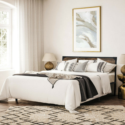 Metal Platform Bed Frame with Wooden Headboard-Full Size