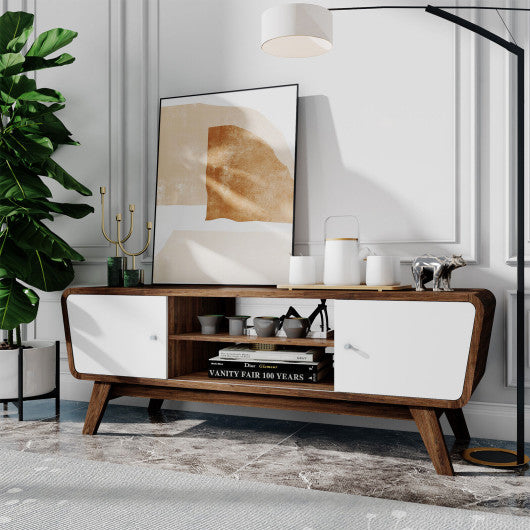Mid Century TV Stand for TVs up to 55 Inch Media Console Table Sliding Door-Walnut