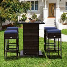 Load image into Gallery viewer, 5 Pieces Patio Rattan Bar Table Stool Set Hidden Storage Shelf Cushioned-Navy
