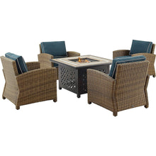 Load image into Gallery viewer, Bradenton 5Pc Outdoor Wicker Conversation Set W/Fire Table Navy/Weathered Brown - Tucson Fire Table &amp; 4 Armchairs
