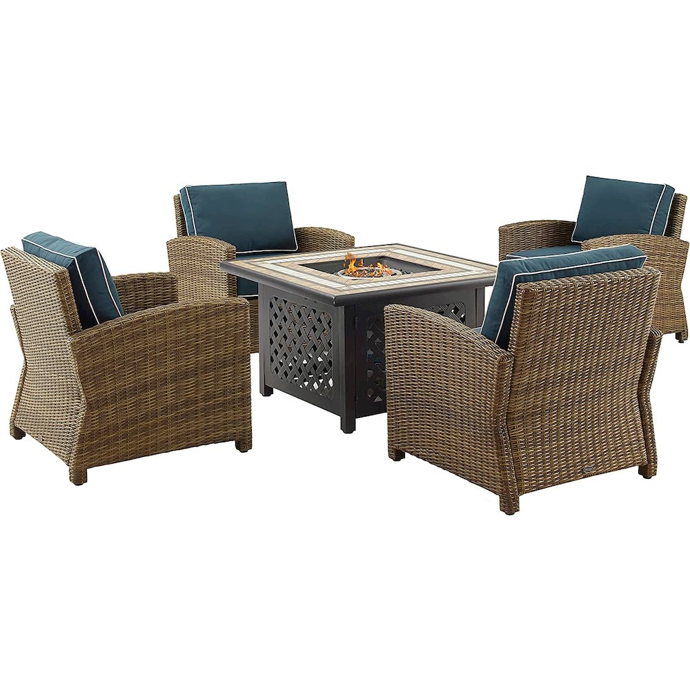 Bradenton 5Pc Outdoor Wicker Conversation Set W/Fire Table Navy/Weathered Brown - Tucson Fire Table & 4 Armchairs